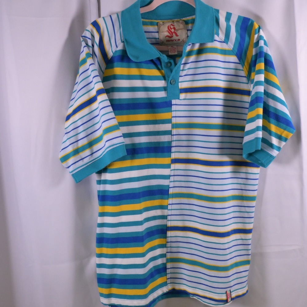 VTG‎ Kanji Blue Asymmetrical Striped Short Sleeve Polo Mens XL